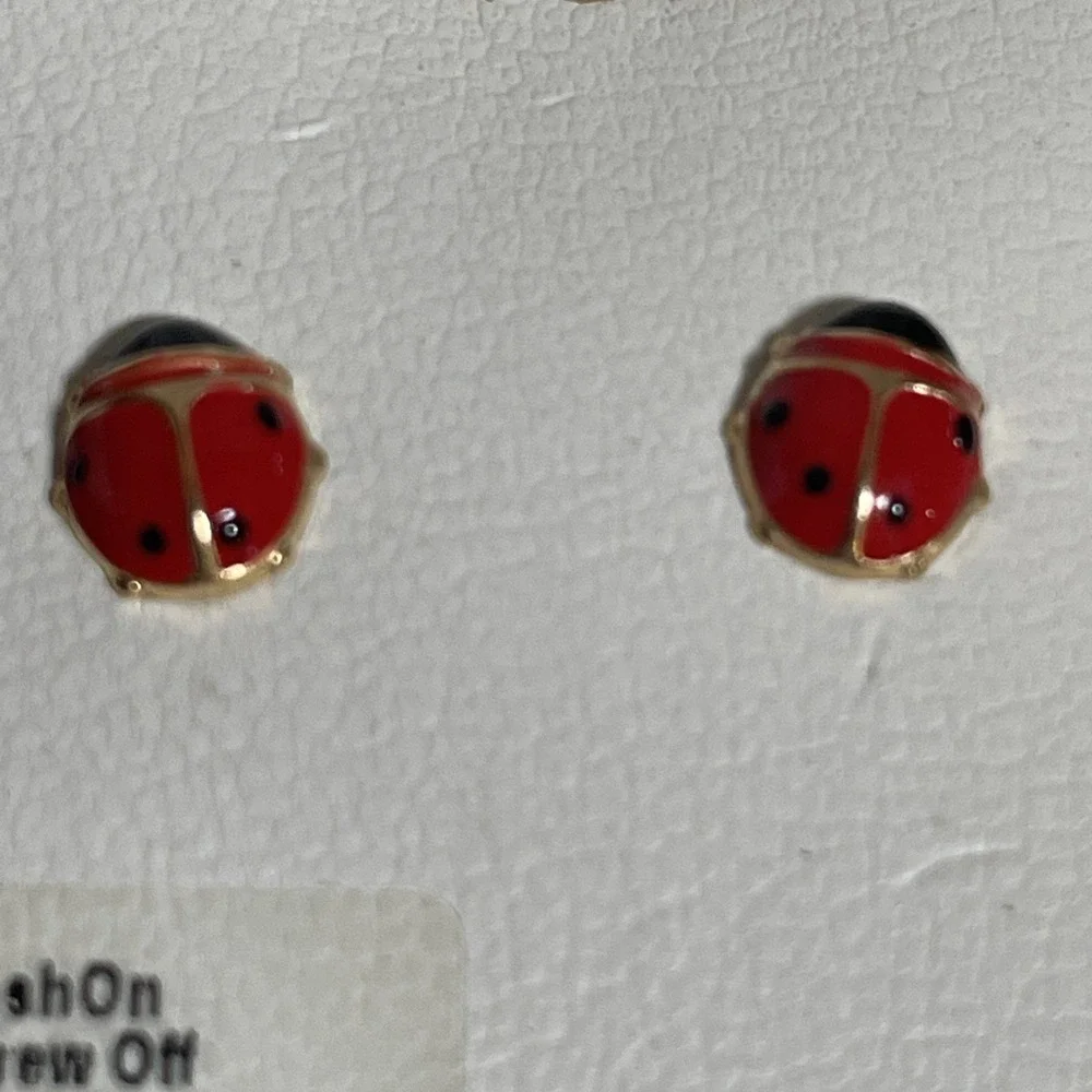 14 Kt. Gold‎ Enamel Lucky Lady Bug Stud Earrings Screw Off Safety Back